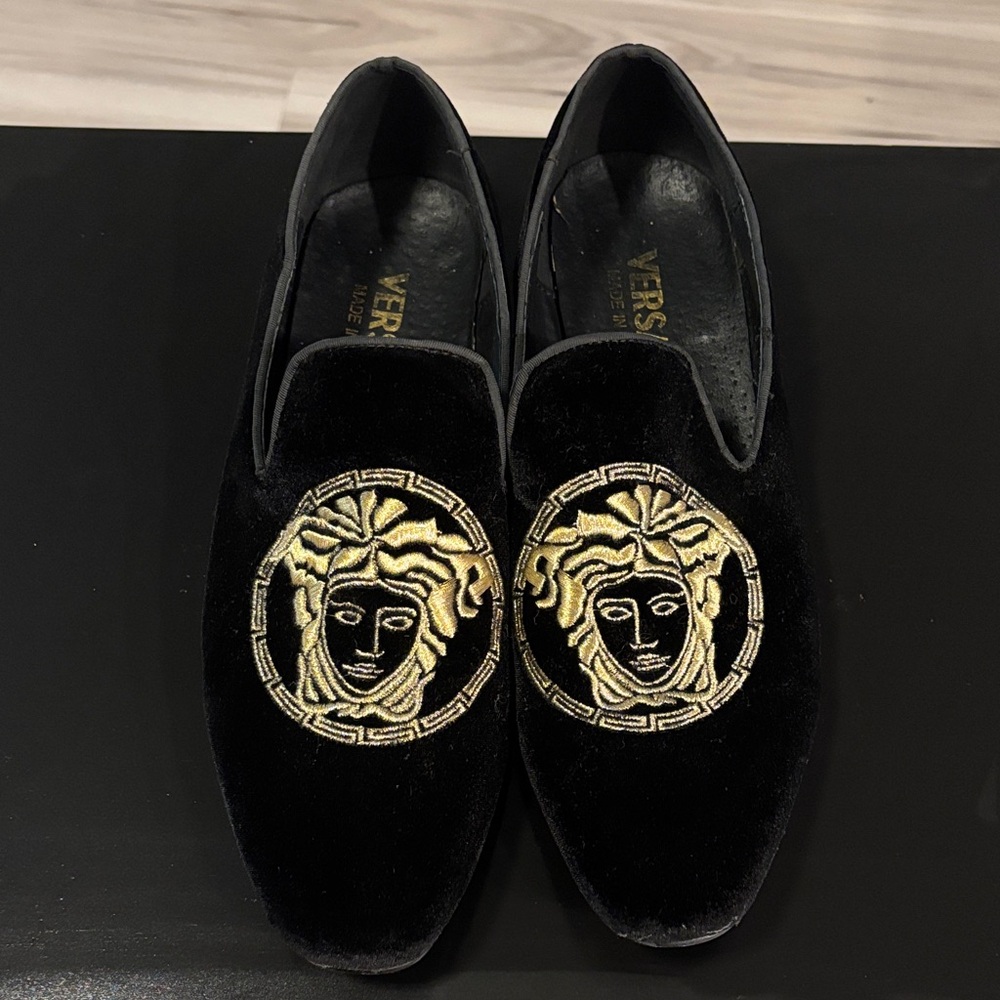 Versace Medusa Embroidered Black and Gold Loafers